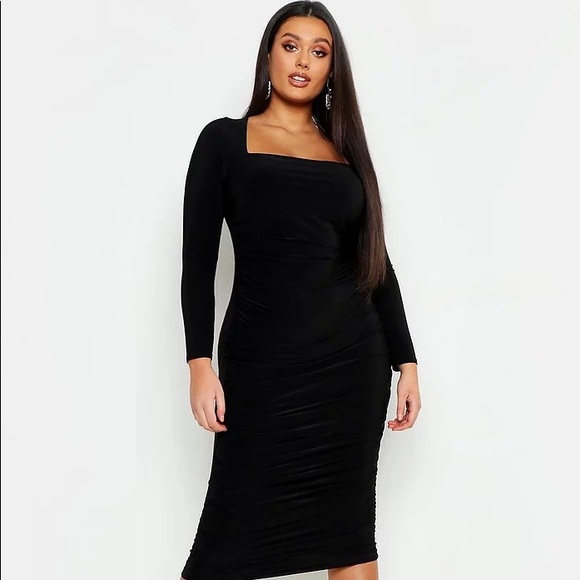 Boohoo Slinky Ruched Square Neck MIDI Dress - Picture 2 of 6